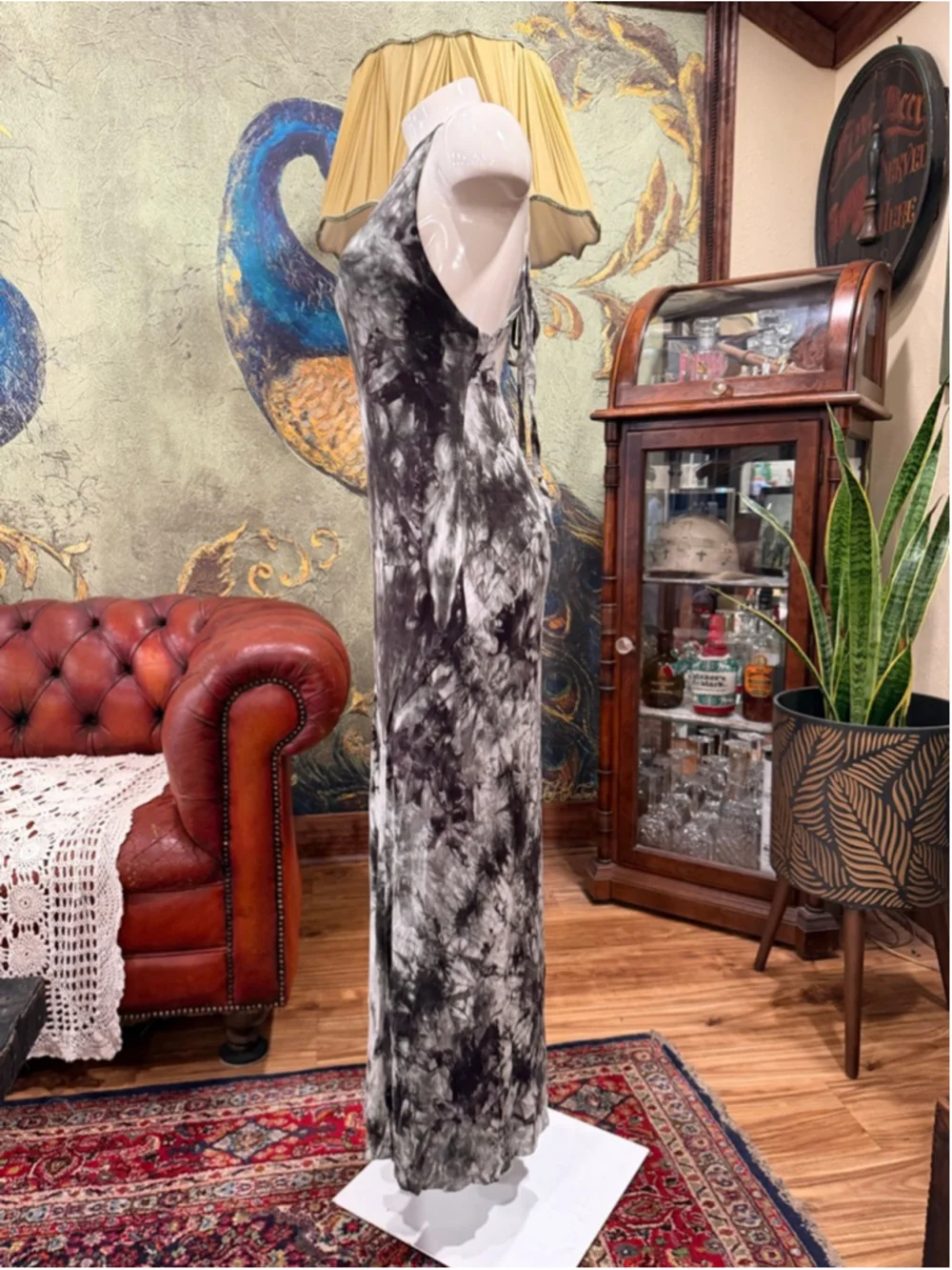 CQ by CQ Tie Dye Maxi Dress L Black Gray Halter Neck Backless Side Slit Stretch - Picture 5 of 12